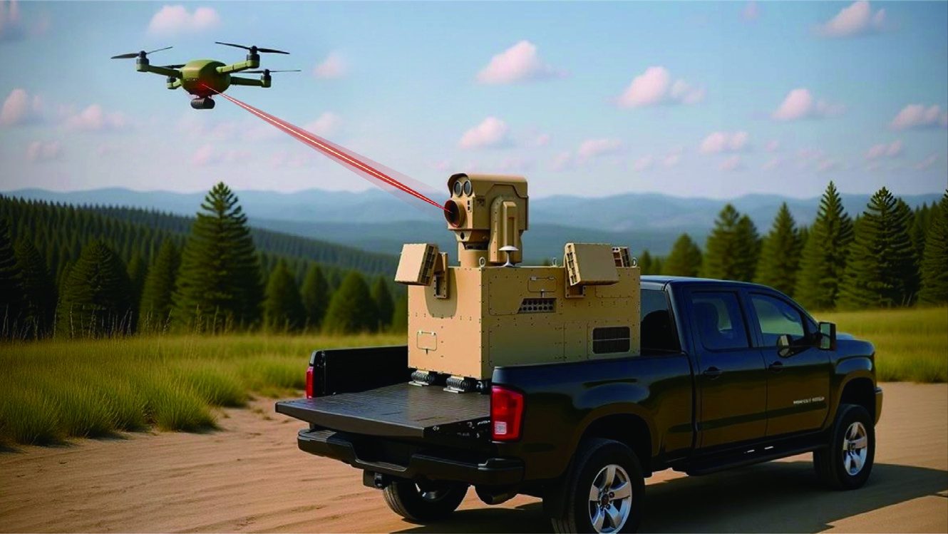 FORGE laser system mounted in a pickup bed engaging a drone with a directed-energy beam