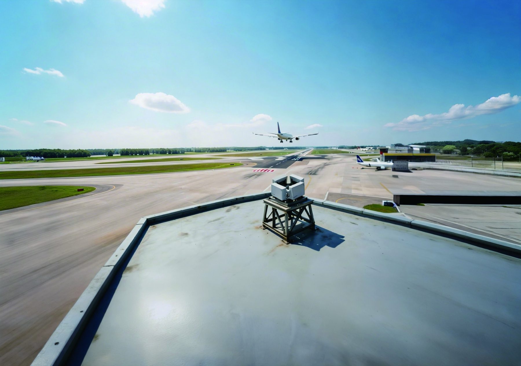 Surveillance array on an airport rooftop with an airliner on final approach