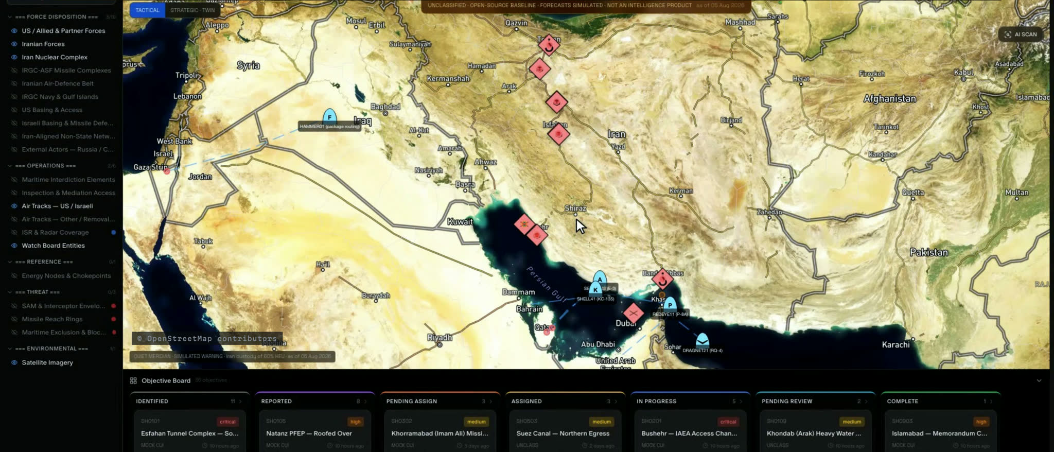 Command Center operating picture: a layered map with tracked objectives beside an objective board. Simulated scenario data.